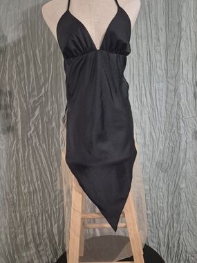 Asymmetrical Black Halter Slip Dress
